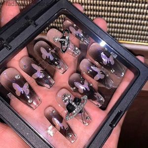 False Nails Handmade Purple Butterfly Press On Nails Y2K Glitter Rhinestone Fake Nail With Glue Reusable Long Coffin False Nails Tips Gift Q240122