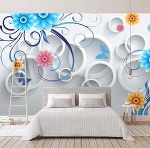 Dropship niestandardowe murale ścienne Nowoczesne kółka 3D Blue Flower Sypialnia Sypialnia salon