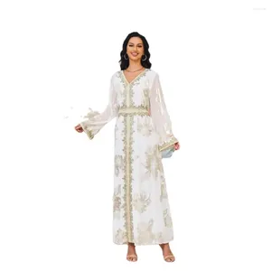 エスニック服Zigui Modest Muslim Moroccan Jalabiya Dubai White Dresses Woman Wedding Party Print Flower Chiffon Arabic for Women