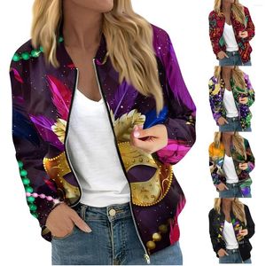 Women's Jackets For Women Long Sleeve Lightweight Zip Up Cropped Fashion Mardi Gras Print Outerwear Casual Quilted Whith Pockets