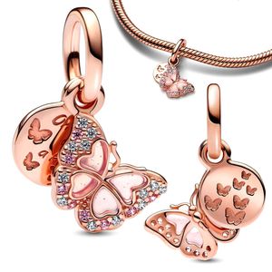 Sterling Pink Butterfly Double Dangle Charm Fit Sier Original Bracelet Charm For Women Gift Diy Jewelry