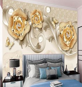 Klassisk 3D -tapeter lyxig europeisk Golden Rose -fjäril TV -bakgrund Vägg som täcker heminredning Silk Mural Wallpapers9402359