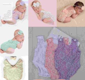 10 Stück Neugeborenes Baby Spitze hohler Strampler mit Schleife Stirnband Säugling Kinder PO Requisiten Kleidung Pografie Onesies Onepiece Strampler Jump6273613