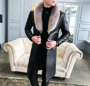 Men039s Trench Coats Luxury Big Fur Collar Long Leather For Mens White Thick Velvet Winter Overcoats Jakets Elegant Black7957188