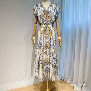 フローラルドレス、オーストラリアのデザイナードレス、Vネックプリントハイウエストロングドローストリングウエストコレクション半袖マルベリーシルクドレス
