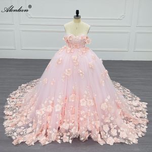 Alonlivn Off Shoulder Handmade Flowers Wedding Dress Beading Appliques Inside Short Skirts Overside Removable Train For Brides