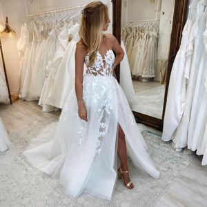 Beach Boho Mermaid Wedding Dress for Bride Sweetheart Neckline Appliqued Lace Sexy High Split Beaded Bridal Gowns for Marriage Dresses Designers Gown Tiered NW073
