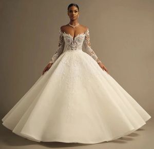 2024 Elegant Ball Gown Women Wedding Dress Illusion Neck Beading Lace Appliques Full Sleeves Bridal Gowns Vestido de Novias Robe De Mariage