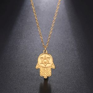 Collana con ciondolo stella di David a mano di Hamsa da donna, girocollo in oro giallo 14 carati, con amuleto e catena, gioielli ebrei israeliani