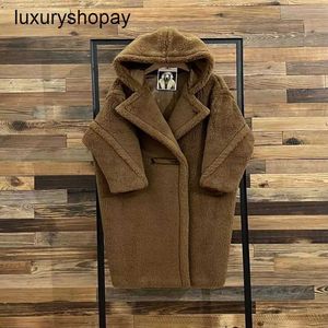 Top maxmaras teddy bear casaco feminino cashmere casacos 2024 outono inverno novo com capuz longo solto alpaca pele grama outwear high end sudf