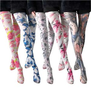 Socks Hosiery 2023 Spring Summer Tights女性シアーセクシーなタトゥープリントパンストストッキングアンチフック新しい到着YQ240122