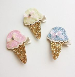 24pclot Glitter Felt Pink Icecream Baby Girls Hair Clip with Mini Bow Hair Barrette Cute Sequin Gold Silk Hairpin New Arrival9106229