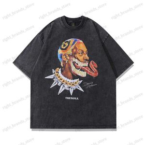 Men's T-Shirts Vintage Character Print Washed Y2K Oversized T Shirt for Men Short Sleeve High Street Summer Top Tees Round Neck Casual Tanks T240122