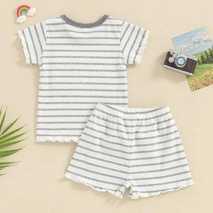 Kleidungssets geborene Baby Girl Sommerkleidung kurzärmelfront Tasche Stripped Rippes T-Shirt Top Shorts 2pcs Outfit