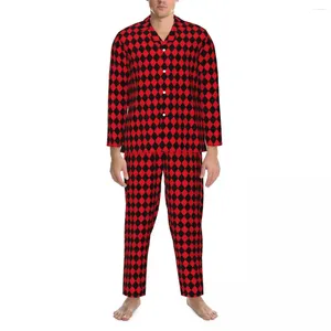 Masculino sleepwear conjuntos de pijama geométrico outono preto e vermelho xadrez bonito macio quarto casal duas peças retro oversize design nightwear