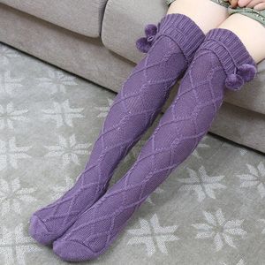 Women Socks Knitted Stacked High Tube Over Knee Thermal Warm Wool Ball Winter And Autumn Casual Hosiery