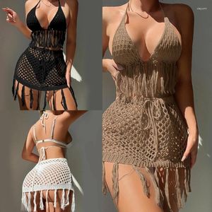 Women's Swimwear Women Two Pieces Beach-Cover Up Set Lace Crop Tanks Top And Skirt Crochet Tassels Swimsuit Cover For Vacations 69HD