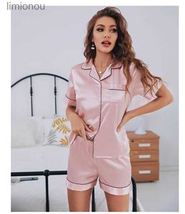 Women's Sleep Lounge Womens Silk Satin Pyjamas Set Short Sleeve Two-Piece PJ Set Sleepwear Loungewear Button-Downl240122