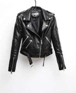 Jackor 2023 Nya modekvinnor autunm vinter svart faux läderjackor lady bombplan motorcykel cool ytterkläder med bälte varm försäljning