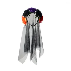 Hårtillbehör Halloween Rose Flower Headband Day of Headpiece With Black Veil Dia de Los Muertos Costume Cosplay