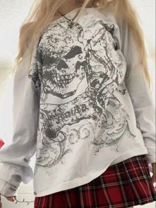 Женские футболки, пуловер с длинными рукавами и открытыми плечами на Хэллоуин, пуловер с принтом черепа, топы в стиле панк, футболка Y2K в стиле гранж, уличная фея