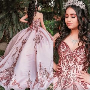 2024 Abiti Quinceanera in pizzo con paillettes oro rosa Abito da ballo Puffy Sweetheart Paillettes Blush Pink Sweet 16 Party Prom Dress Abiti da sera Plus Size Corsetto Indietro