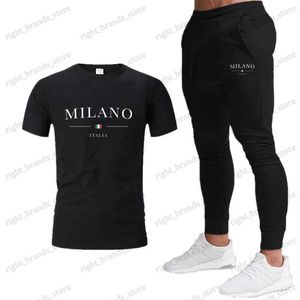 Herrspårar 2024 Kvinnor och man Milano Letters Tryck T-shirt damer Kort ärm Set Luxury Tees+Sweatpants Passar Löst Pure Cotton Soft Tops T240122