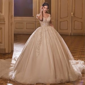 2024 elegantes Ballkleid Frauen Hochzeitskleid Illusion Hals Perlen Spitze Applikationen Stickerei Knopf Brautkleider Vestido de Novias Robe De Mariage