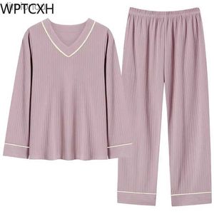 Kadın Uyku Salonu Wptcxh Kadınlar Pamuk Pijamaları Büyük Boyut Pijama 2024 Uzun Kollu Set Saf Renkli Kadın Nightwear Kadın Külot Eve Garip 240122