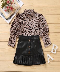 Ins Kids Spring Farts Sets Girls Leopard High Collar Lengtruffle High Waist Skirts 2PCS Lady Style Child Outfit A5264208348