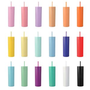 16oz Skinny Tumblers Matte Colored Lids Straws Double Wall Plastic Tall Tumblers Coffee Mug Water Bottles New Year Party Gifts HW0146