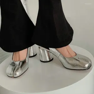 Genuine Cow Leather Sandals Sier Seperate Donkey Toe Women Ninja Slingbacks Shoes Round Chunky High Heels Chic 7559