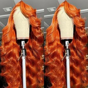 Gratis frakt för nya modevaror i Stock Body Wave Ginger Orange X HD Lace Front Wigs Human Hair Brazilian Remy Colored Pre Plucked Frontal Wig