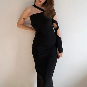 Casual Dresses OMSJ SEXY ONE-SHOULDER Single Sleeve Fashion Oregelbunden design Hollow-out Open Back Sheath Maxi Dress Women's Club Street