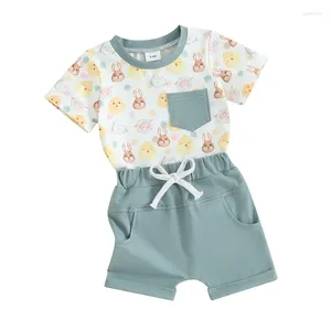衣料品セットベイビーボーイイースター衣装半袖のひよこプリントトップショーツセット幼児服