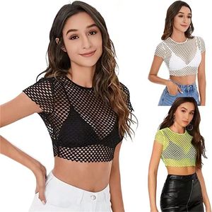 Mulheres camisetas Mulheres Sheer Malha Fish Net Manga Curta T-shirt Preto Branco Verde Oco Out Ver Embora Crop Top Camisetas Tees Roupas Femininas