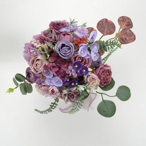 Fiori decorativi 1 pezzo di bouquet di fiori di seta artificiale viola, confezione di materiali, set combinato di steli verdi per corpetto nuziale fai da te