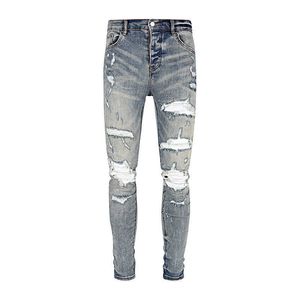 Calças de brim masculinas na moda marca preta vaca lavada danificada e usada retalhos mx1 elástico fino ajuste jeans masculino high street ins