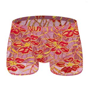 Unterhosen Herrenunterwäsche Sexy durchsichtige Spitzen-Boxershorts Low Rise Elastic Waistband Hollow Out Mesh-Höschen