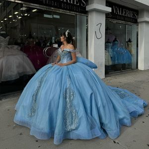 Небесно-голубое платье принцессы Quinceanera, роскошные аппликации, кружевные бусины, блестящий корсет с цветочным принтом, Vestidos de 15 anos quinceanera