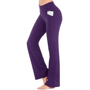 Calças compridas de perna larga ligeiramente alargadas femininas elegantes de cor sólida, calças de ioga femininas casuais de cintura alta