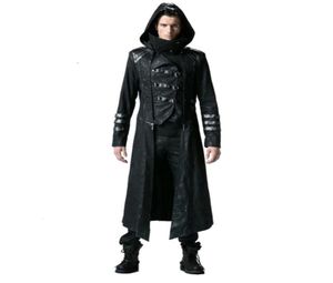 Steampunk Men Trench Coats Black Strentch Twill Coats with Leather Gothic Hooded Detachable Long Winter Coats CJ1911287687241