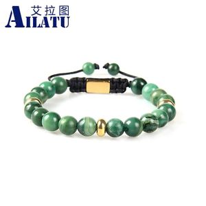 Bracelets Ailatu 10pcs/lot Couples Jewelry Natural African Jade Stone Woven Bracelet, Stainless Steel Spacer Beads Free Logo Service
