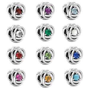 Original sterling sier 12 cores contas de pedra de aniversário diy charme pingente ajuste pulseira para presente de jóias femininas