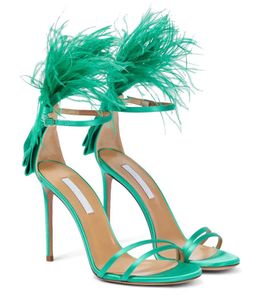 Summer Luxury 2023 Concerto Women Sandals Shoes Feather-Trimmed White Black Satin Buckles Strap High Heels Black Lady Sandalias Party Wedding Dress EU35-43