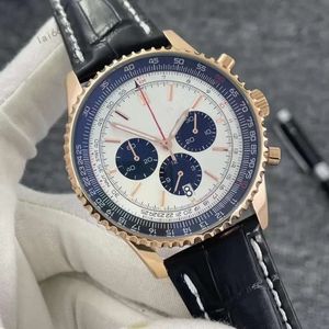 2024 Mens Wristwatches 46MM New Quality Navitimer Chronograph Quartz Movement Yellow Gold Case Limited Sier Dial 50TH ANNIVERSARY Men Watch Leather Strap