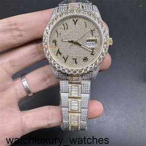 Diamond Watch Luxury Rolaxs Son Erkekler Buzlu Swarovski Prong Seti Çember Bi-Gold Case Numaralar Tam Yan Baget Strap 2824 Otomatik Hareket