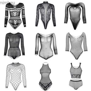 Sexig uppsättning sexig set plus size svart fisknät bodysuit toppar kvinnor sexig enstycke perspektiv teddies underkläder erotiska nattkläder het pol dance clubwear c240410