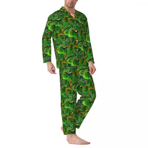 Men's Sleepwear Pajamas Men Abstract Peacock Print Sleep Nightwear Green Retro Feathers 2 Pieces Casual Loose Set Lovely Home Suit