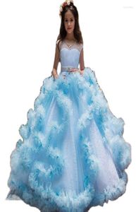 Abiti da ragazza Blu con volant Abito da ballo Fiore 2022 Appliques Abito da principessa in cristallo per matrimoni Abiti da spettacolo Abiti da festa3837143